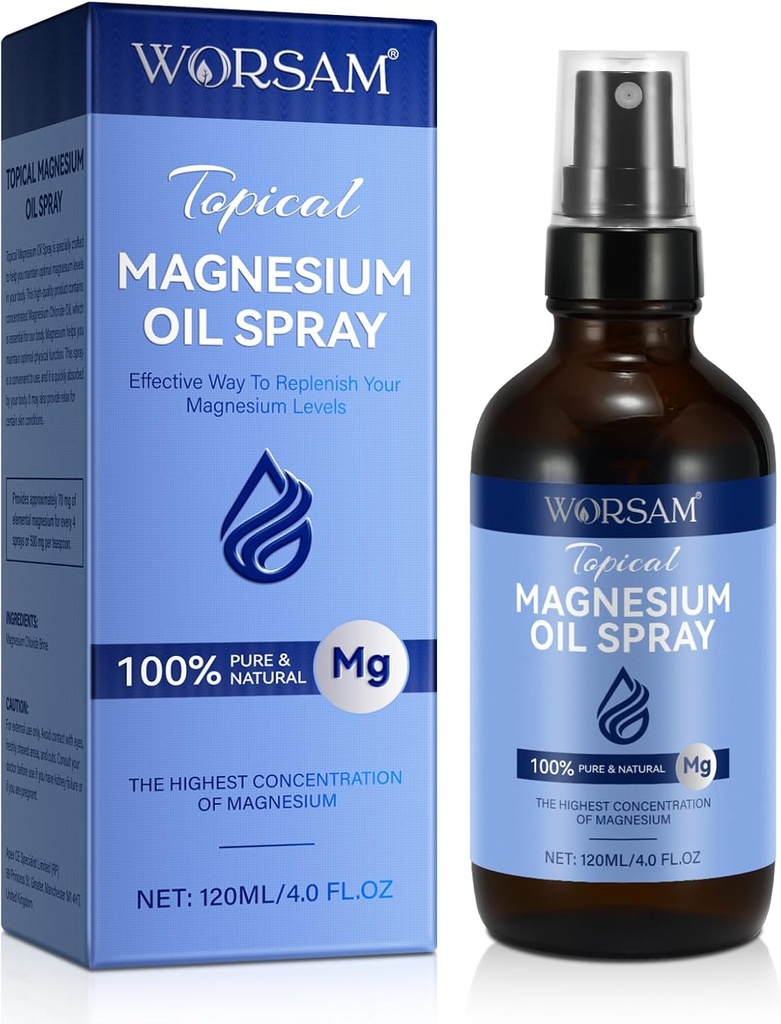 Olio di Magnesio per i piedi (4 fl oz), Spray di Magnesio, Bottiglia di vetro naturale di Magnesio puro e organico, Olio di spruzzo di Magnesio Topical per i piedi, Facile da usare 120ml