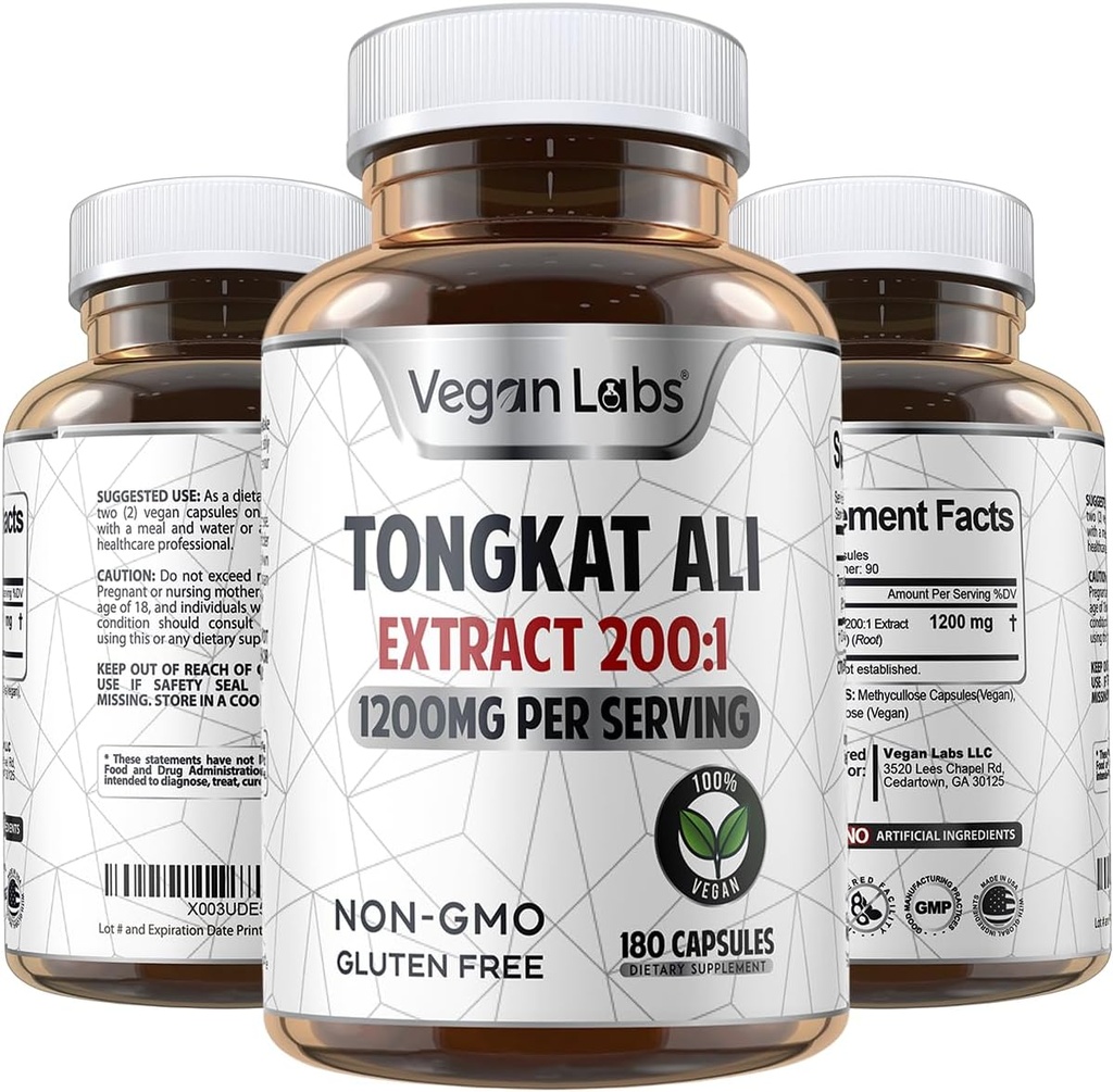 Vegan Labs Tongkat Ali 200:1 Extract, 1200MG Per Servings- 180 Vegan Capsules- Supporta energia e Stamina- Gluten Free, Non-GMO Premium Quality Supplement