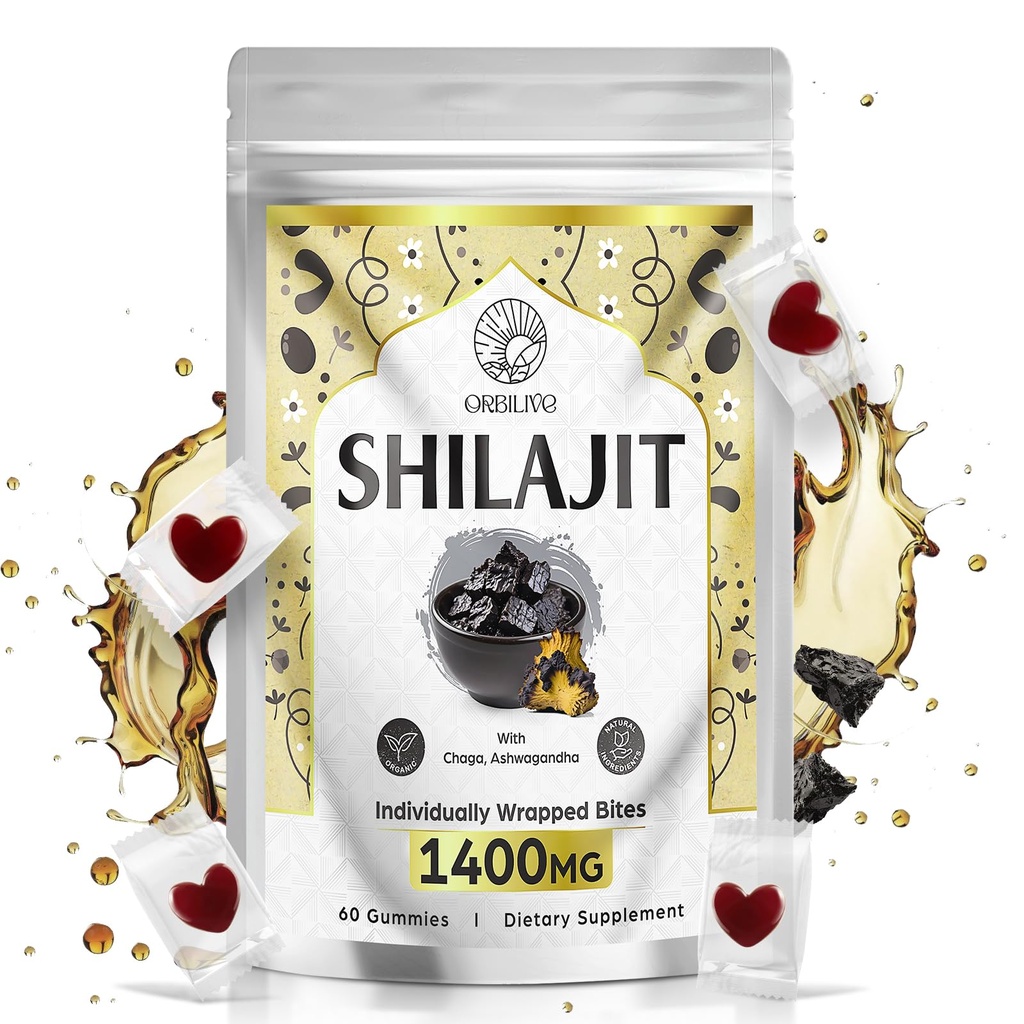 1400 MG Shilajit Gummies, Shilajit Pure Himalayan Organic Gummies with Ashwagandha, Himalayan shilajit for Men, 85+ Minerali di Trace & Acido Fulvico, Prosciutto Individualmente, Senza Zucchero, 60 Conti