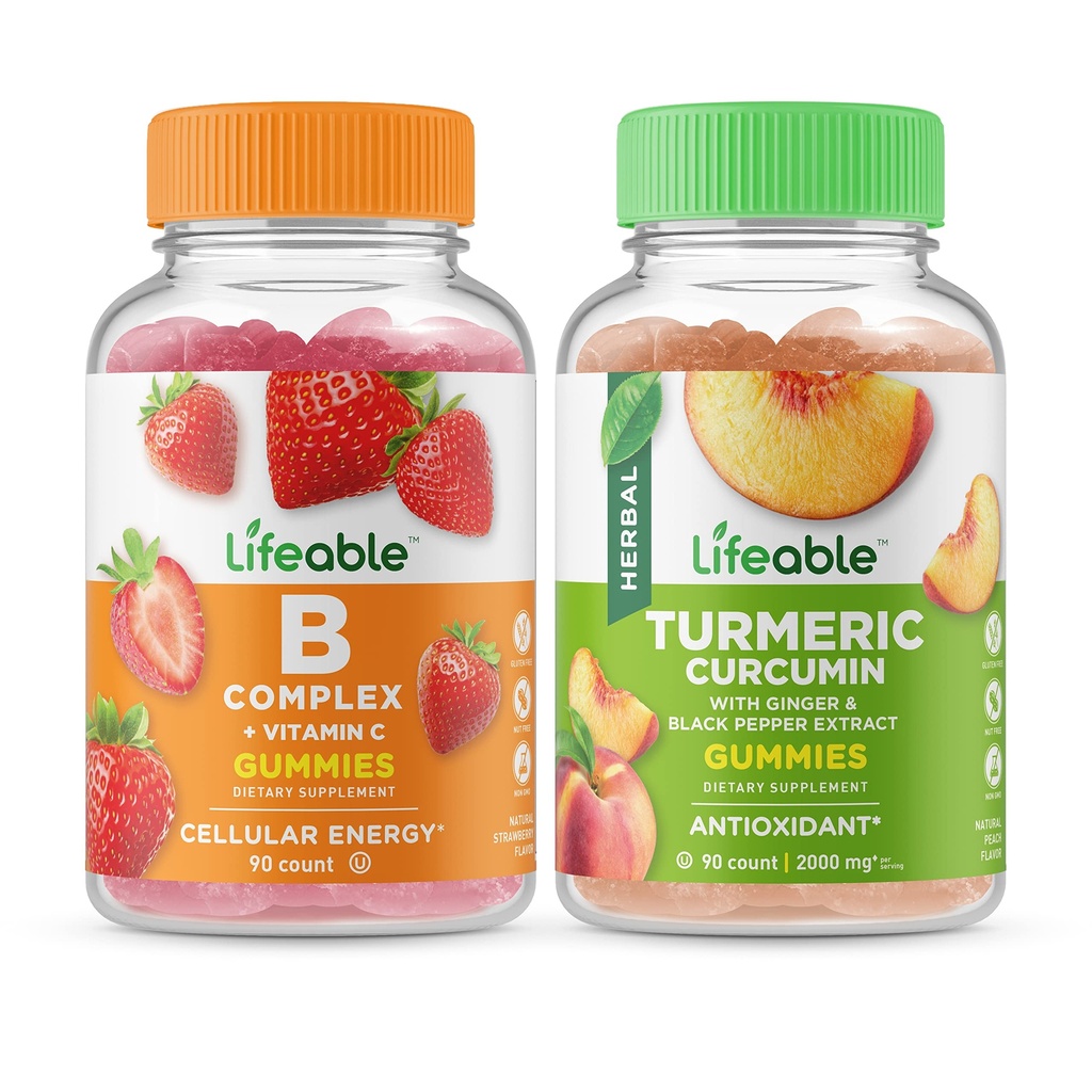 Complesso B Lifeable + Curcumina curcuma, Gummies Bundle - Grande Degustazione, Supplemento alla vitamina, Senza glutine, OGM gratuito, Masticabile