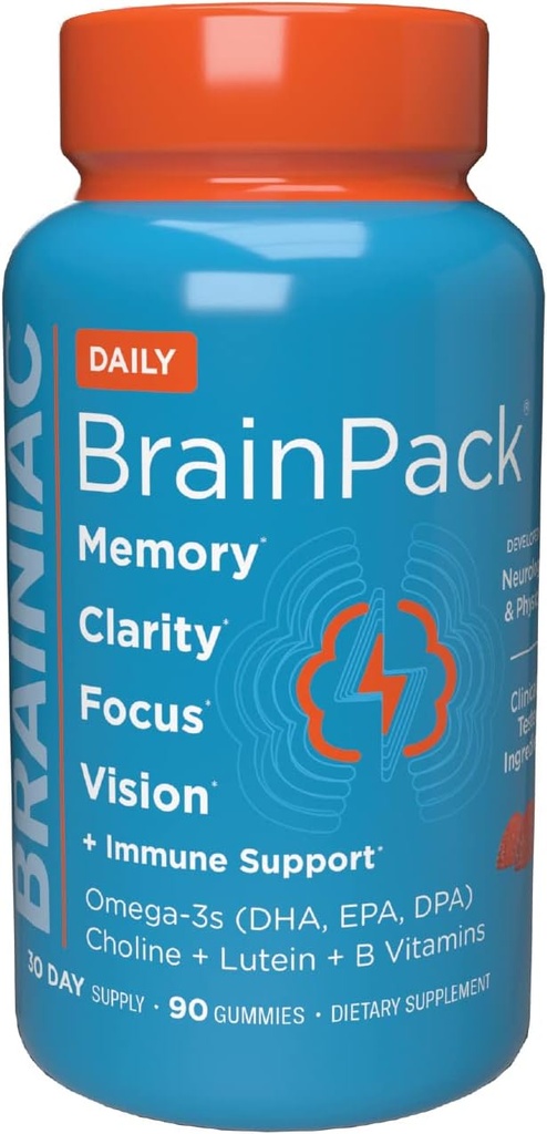 Brainiac Daily BrainPack Gummies, Supporta la salute del cervello con Omega 3 DHA EPA DPA, Choline, B6 & B12 e Lutein per la salute dell'occhio con il supporto immunitario, Citrus Berry Flavor, 90 ct