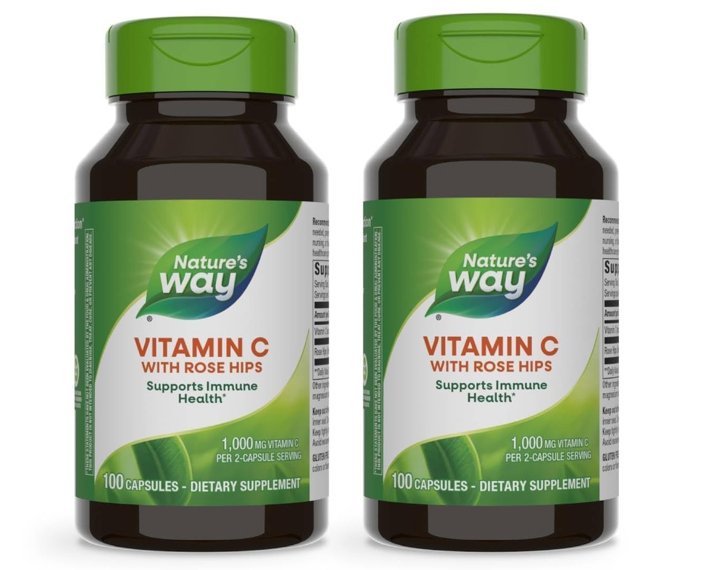 Vitamina C di modo naturale con HIPS Rose, potente Antiossidante e funzione immunitaria Supporto da vitamina C*, Promotes Collagen per la pelle sana*, 100 capsule (Packaging May Vary) - 2 Confezione