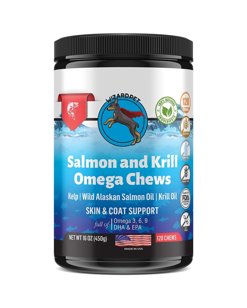 Selvatico Alaskan Salmon Krill olio chews per cani - 120 dolcetti - Omega 3 6 9 Fish Supplement EPA, DHA per Giunti di rivestimento della pelle Itch-Free - Allergy Relief - Ridurre i capelli - Made in USA