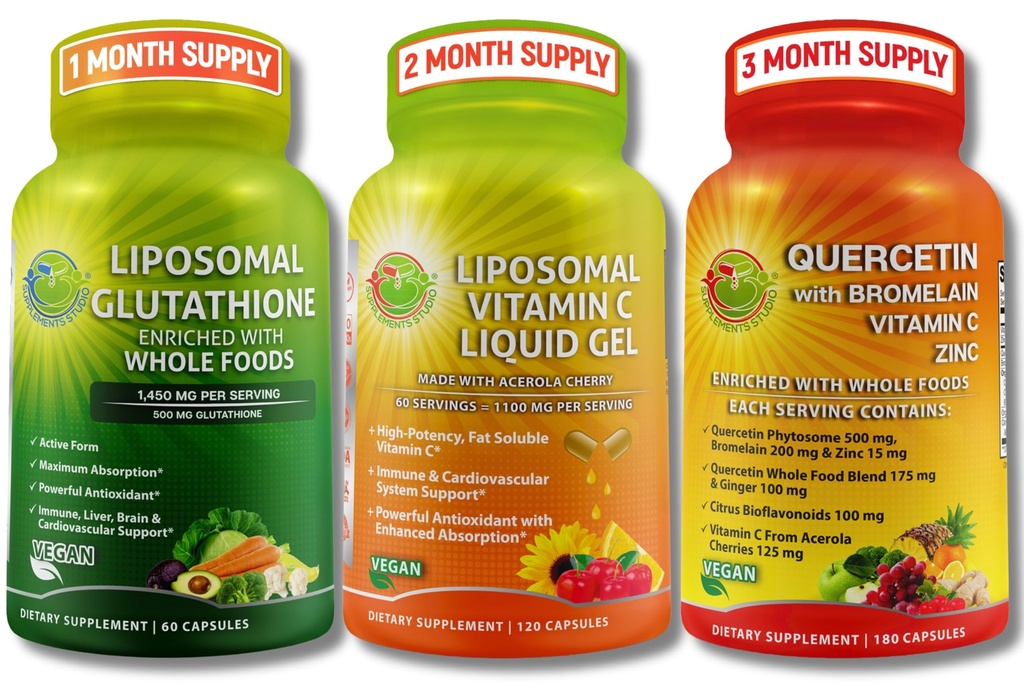 Supporto giornaliero Immune & Antiossidante Bundle – Vitamina Liposomal C 1100mg Liquid Gel + Glutathione Liposomal 500mg + Quercetin con Bromelain, Zinc & Whole Food Blend – Non-GMO, Assorbimento massimo
