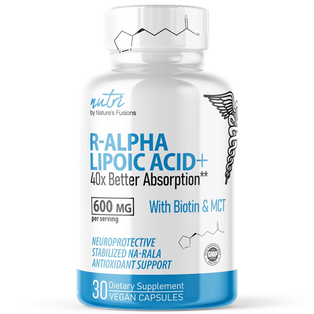 Nutri R Alpha Lipoic Acid 600mg Capsule - R Acido Lipoico Stabilizzato con Biotina - Forma Attiva di R-ALA - 600 mg Dosaggio Clinico - Potente Supporto Energetico Cellulare - 30 Capsule Vegan - RALA