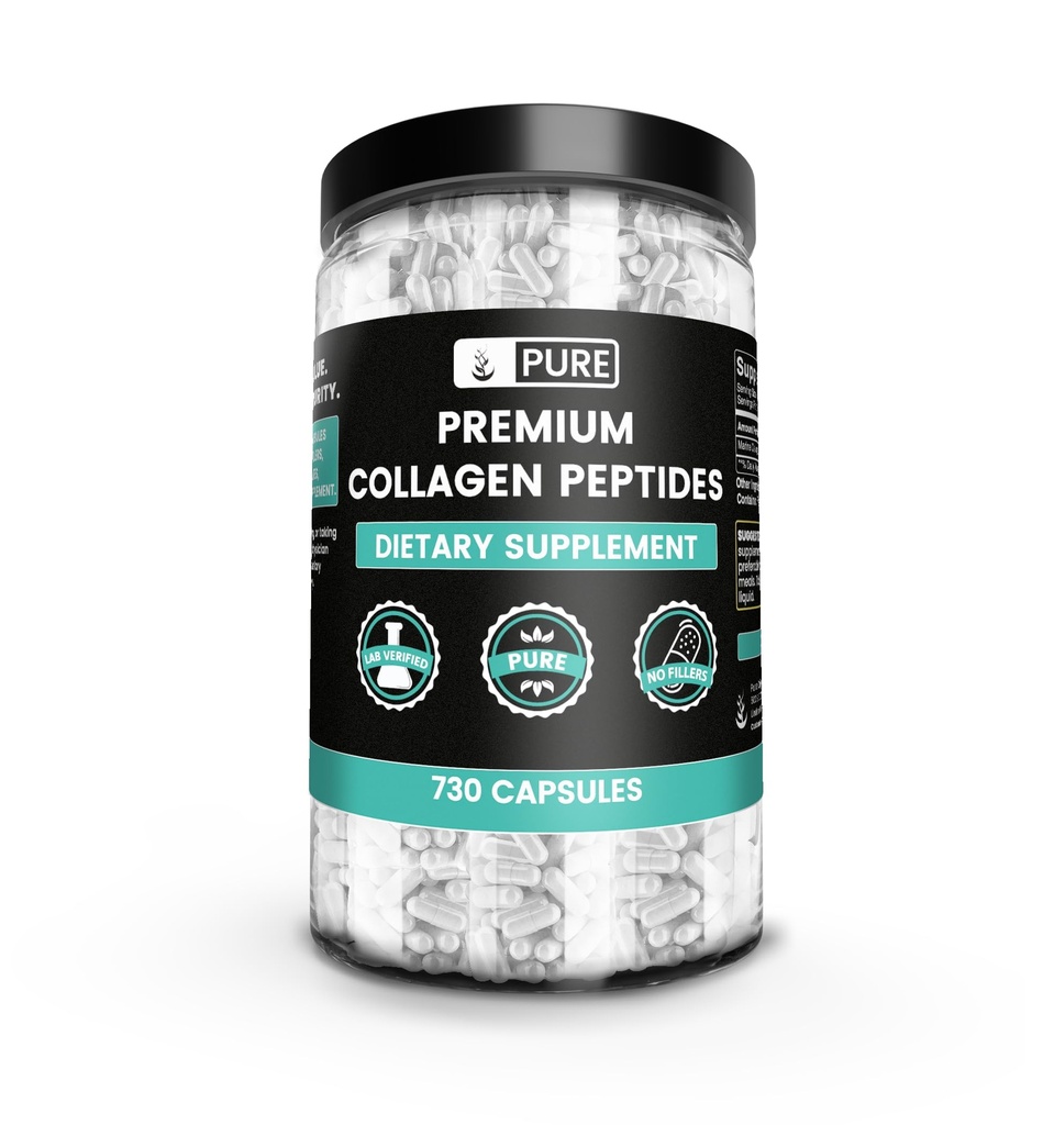 Ingredienti originali puri Peptidi di collagene (730 capsule) Nessun filler di magnesio o di riso, sempre puro, verificato di laboratorio