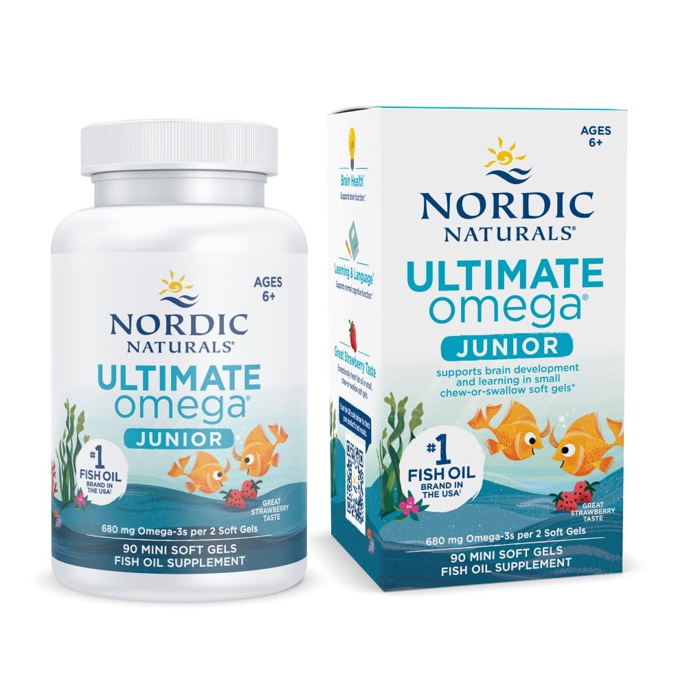Nordic Naturals Ultimate Omega Jr., Fragola - 90 Mini Gel Morbidi - 680 Omega-3 Totale con EPA & DHA - Salute del cervello, Mood, Imparare - Non OGM - 45 Serve