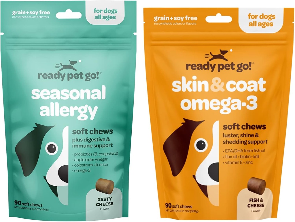 Omega 3 & Allergy Chews for Dogs | Probiotics & Allergy Integratori Immune per Itch & Allergy Relief | Fish Oil for Dog Shedding, Skin Allergy, Itch Relief | 90 Chews