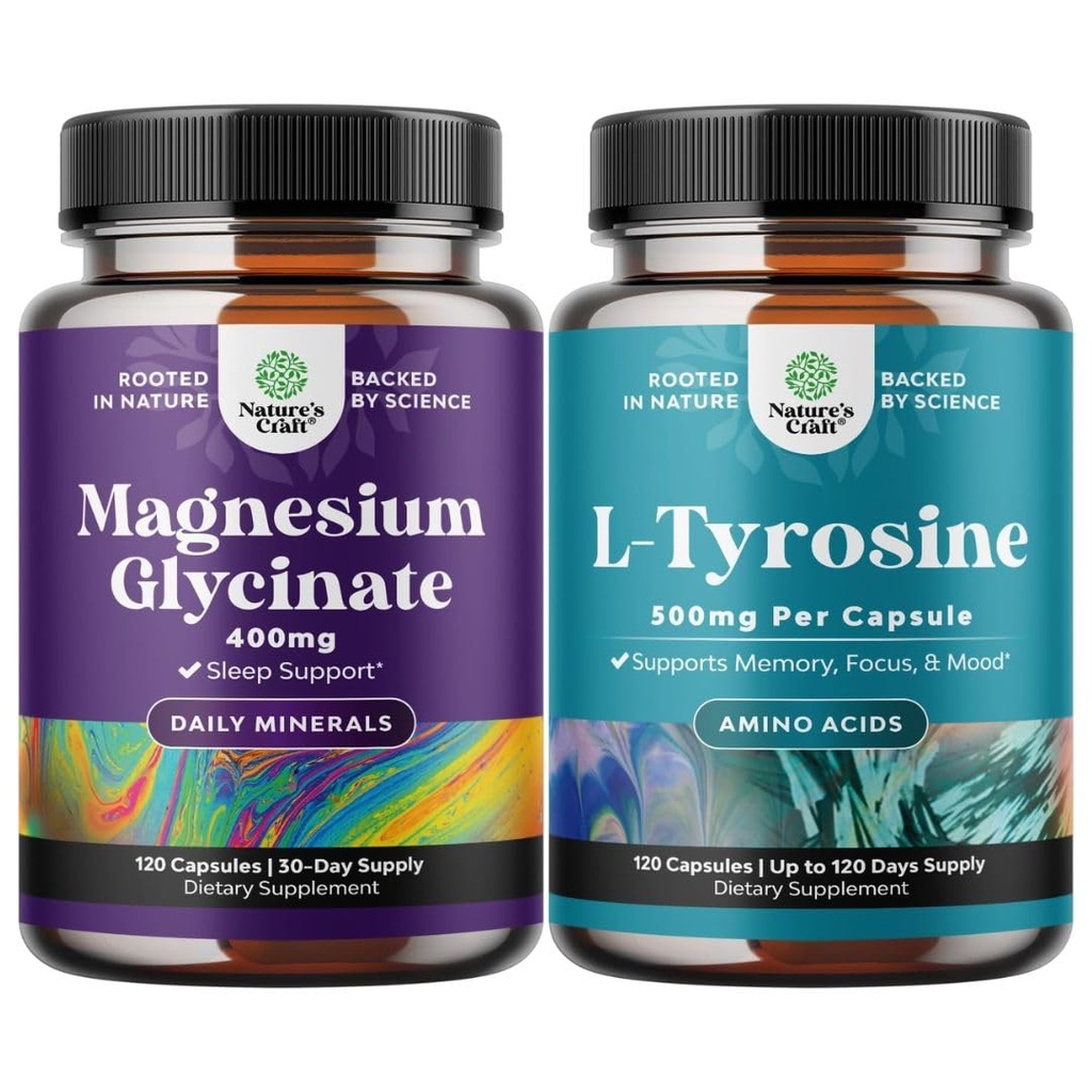 Bundle di Magnesio Glycinate 400mg capsule e Potente L Tirosina 500mg capsule - per il sostegno del sonno Bone Salute Recupero del muscolo - Aminoacido supplemento nutrizionale per il supporto della tiroide salute del cervello