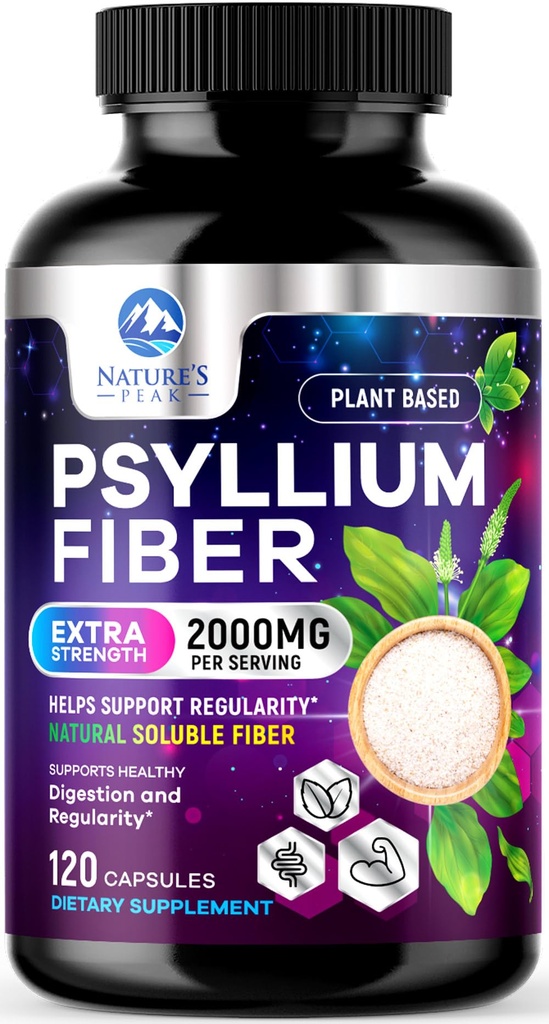Psyllium Husk Fiber Supplemento 1500mg - Vegan Prebiotic, Fibra solubile per il supporto giornaliero della salute e della regolarità, capsule naturali della polvere di Psyllium, senza zucchero, senza OGM & senza glutine - 120 capsule