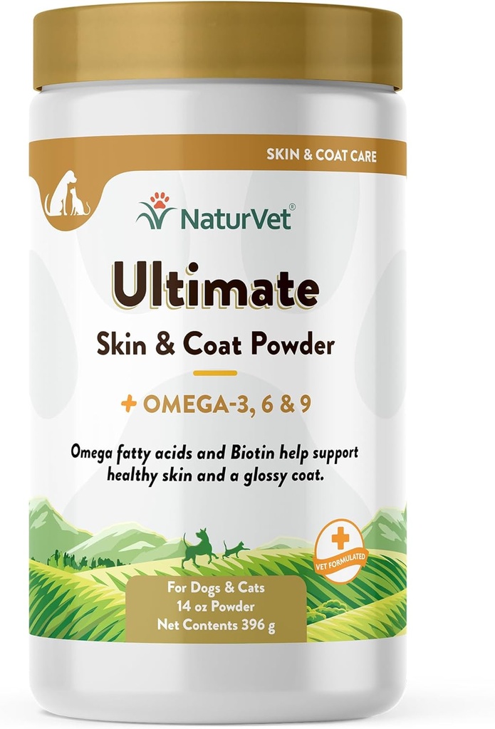 NaturVet Ultimate Skin and Coat Powder Plus Omega 3, 6 e 9 Supplemento per cani e gatti, polvere, fatto negli Stati Uniti con ingredienti di origine globale 14 oncia