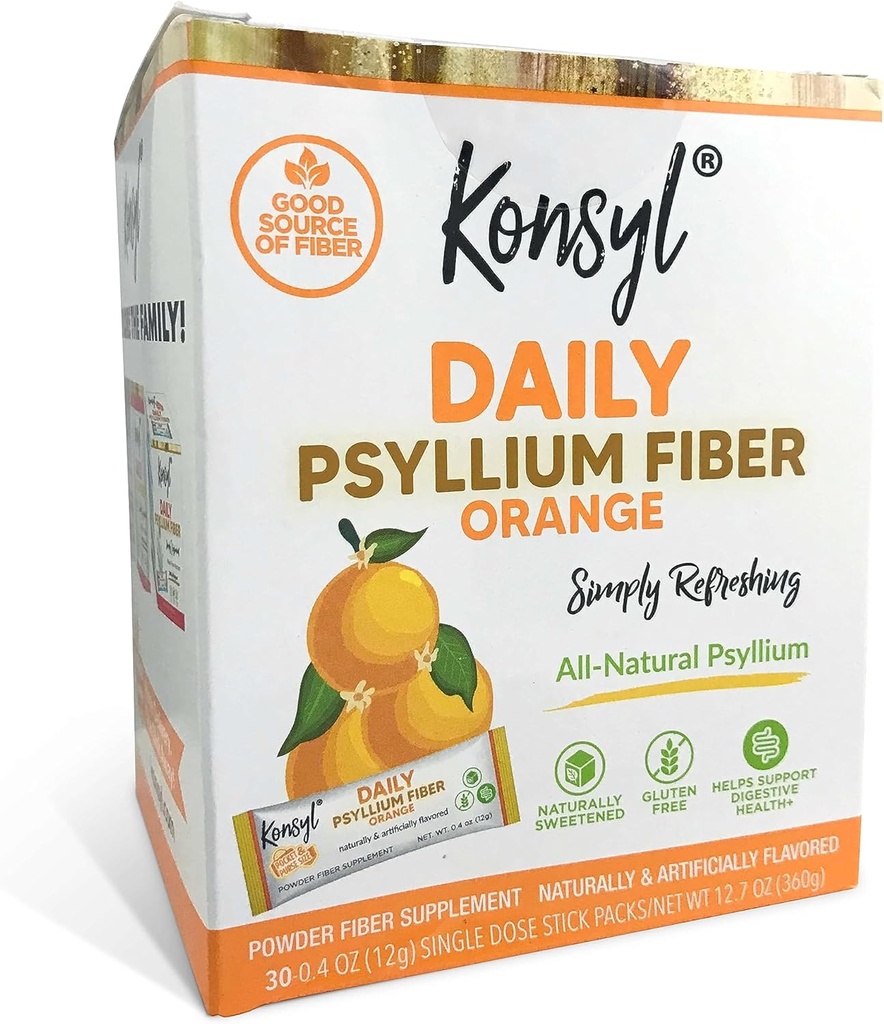 Konsyl Daily Fiber Arancione 100% naturale Psyllium Husk Polvere - naturalmente addolcito - senza glutine - 30 singoli Stickpacks