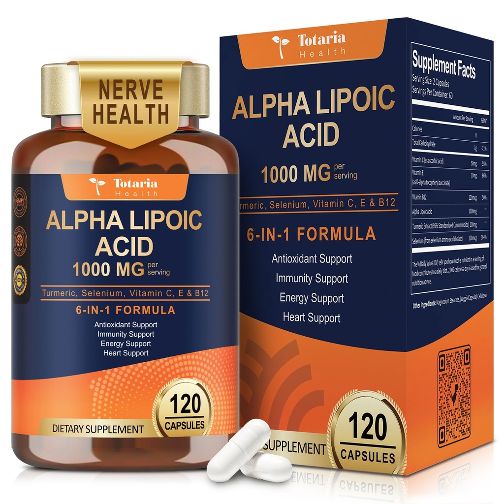 Totaria Alpha Lipoic Acid 1000mg - ALA Supplemento Antiossidante per Neuropatia Support Nerve Health, Liver Detox, Antiossidante, Metabolismo e Cell Energy, Anti-invecchiamento - Non-OGM, Gluten Free, Vegan Safe