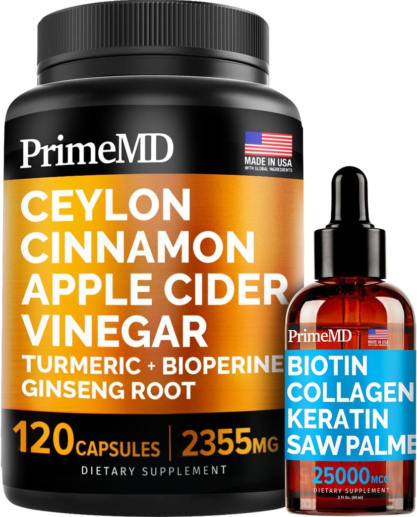 4-in-1 Liquid Biotin Collagen Keratin Saw Palmetto Gocce (2 fl oz - 1 confezione) & 5-in-1 Ceylon Cinnamon w Radice Turmeric & Ginseng (120ct) Bundle - Capelli, Pelle, Unghie, & Integratore di supporto immunitario