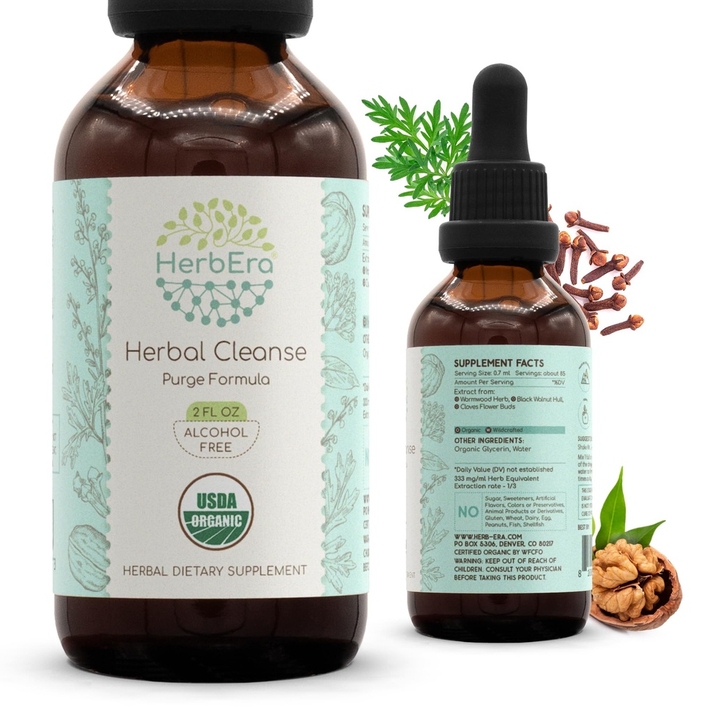 HerbEra Herbal Cleanse Organic Alcohol-Free Tincture | Detox and Cleanse Formula, Estrarre supplemento | Organic Wormwood Herb, Black Walnut Hull, Cloves Flower Buds | Purge Extract (2 fl oz)