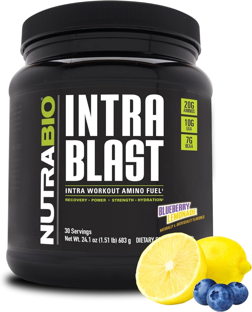 NutraBio Intra Blast Bcaa Polvere Aminoacido supplemento, Miscela di elettrolita e idratazione, Intra, Pre allenamento e recupero del muscolo, 20g polvere di aminoacidi di Eaaa, 5g Glutamine- Mirtillo Limonata, 30 Serving