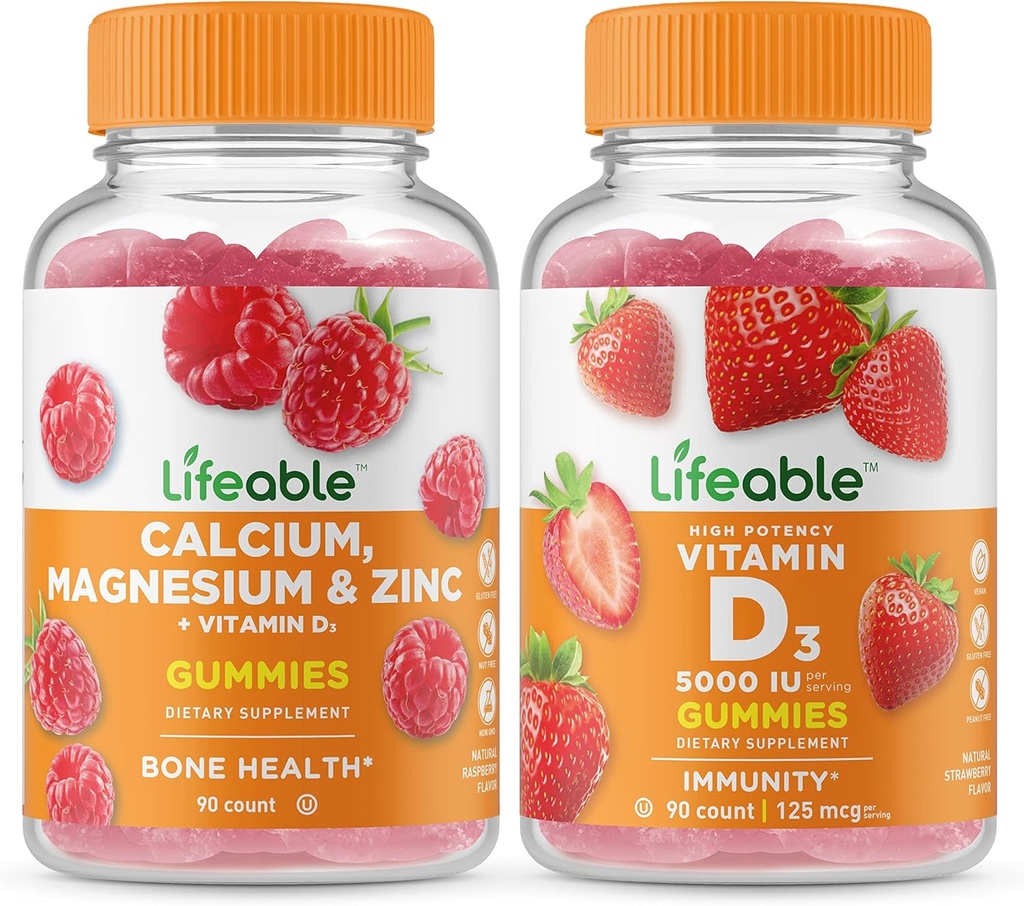 Calcio vitale, Magnesio, Zinco & Vitamina D + Vitamina D 5000 IU, Gummies Bundle - Grande Degustazione, Integratore di vitamina, Senza glutine, OGM Free, Masticabile