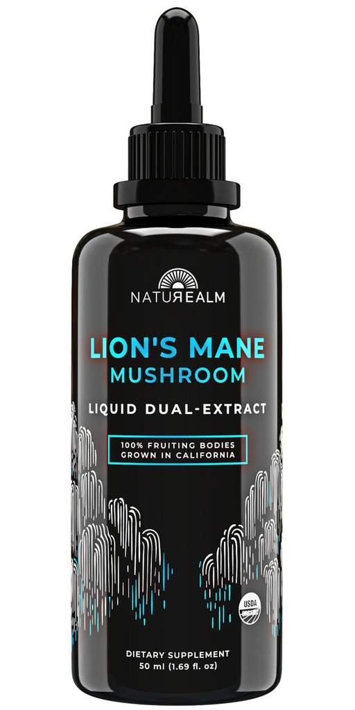 Naturealm Lion’s Mane Mushroom Liquid Tincture Supplemento – Focus, Memory & Brain Health, Vegan, Non OGM – Organic Fruiting Bodies, 1 mese di fornitura
