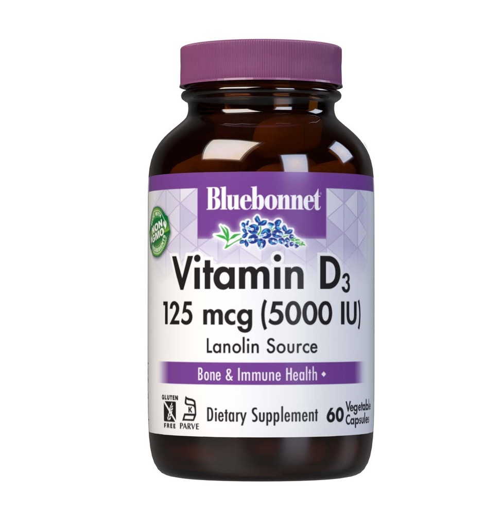 Bluebonnet nutrizione vitamina D3 5000 IU capsula vegetale, aiuta nella crescita muscolare e scheletro, colecalcifero da Lanolin, D3, non OGM, senza glutine, senza soia, senza latte, Kosher, 60 conte