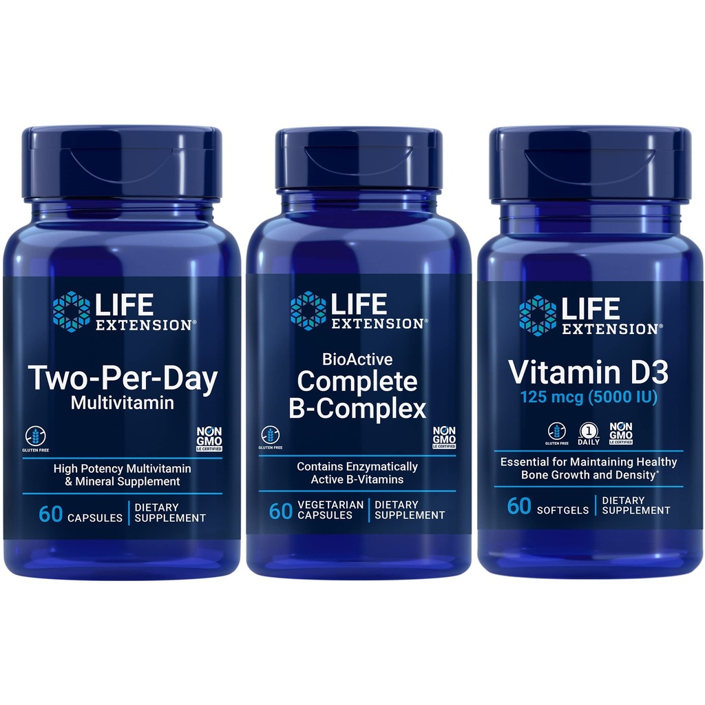 Estensione della vita Due-Per-Day Multivitamin, 60 capsule | BioActive Complete B-Complex, 60 capsule | Vitamina D3 125 mcg (5000 IU), 60 softgels | Bone & immunitaria salute, energia e il metabolismo di sostegno