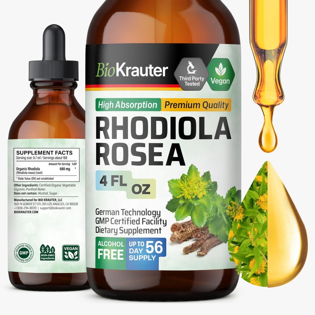 BIO KRAUTER Rhodiola Supplemento Liquido - Pure Rhodiola Rosea Tintura per il supporto di calma - Alcol & Sugar Free Extract - 4 Fl.Oz.