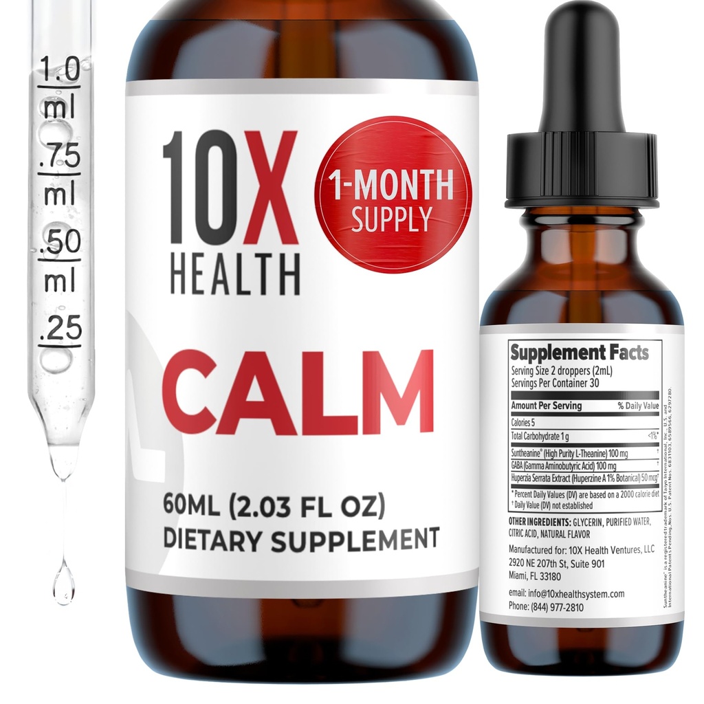 10X Health Calm L Theanine Supplement Liquid Drops - 100mg L'Theanine Drops & 100mg GABA Integratori per sostenere le nervature, calma e stress - Natural Flavor 2.03 Fl oz.