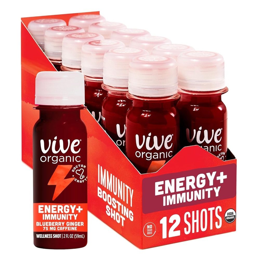 Vive Organic Energy Shot + Supporto Immune, Difesa Immune con Ashwagandha, Green Tea & Caffeine, Gluten Free, Vegan, Energy and Focus, 2 Fl Oz (Pack of 12)