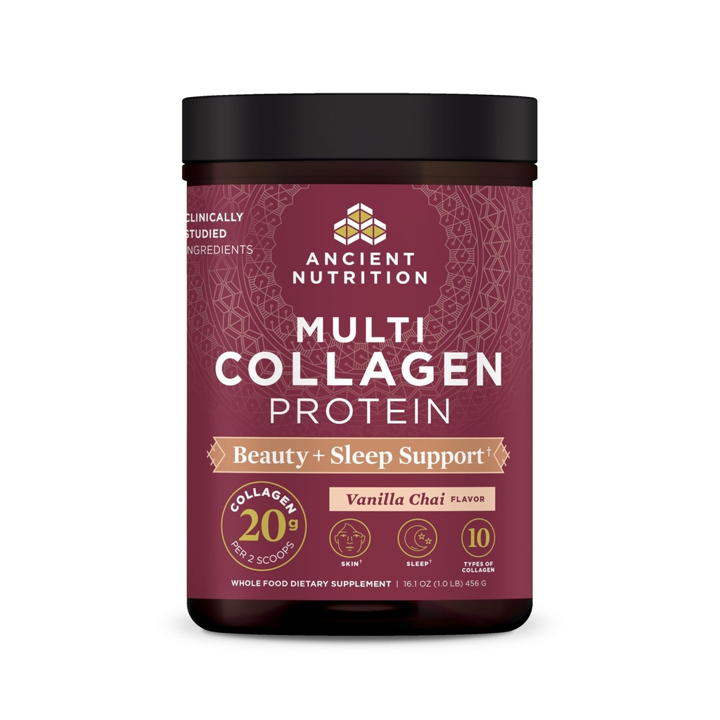 Antica Nutrizione Collagen Powder Protein, Multi Collagen Protein Beauty + Dormire con Vitamina C, Vanilla Chai, Peptidi di collagene idrolizzati Supporta Pelle e Unghie, Dormire, 16.1oz