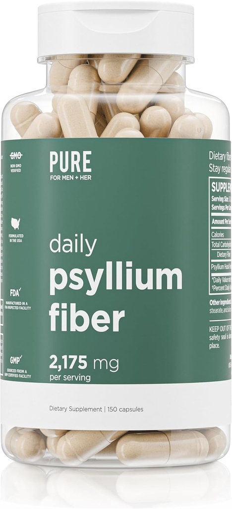 Supplemento giornaliero di fibra di Psyllium Husk da Pure per gli uomini & Pure per il suo | Regolarità digestiva & Gut Health Support | Polvere di fibra solubile, 2,175mg per il servizio | 150 capsule