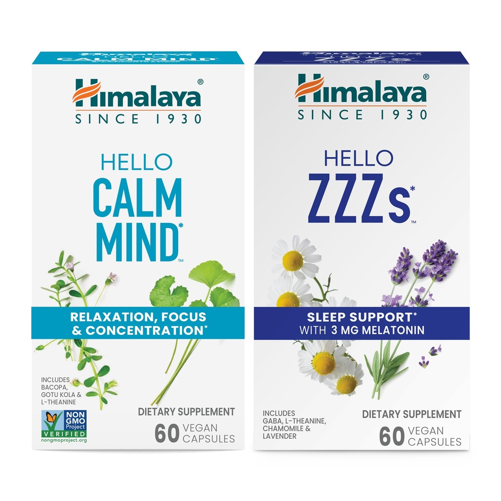Himalaya Hello Calm Mind with Bacopa for Relaxation, Focus and Concentration & Hello ZZZs with Melatonin for Sleep Support, 60 Capsules Every - Bundle
