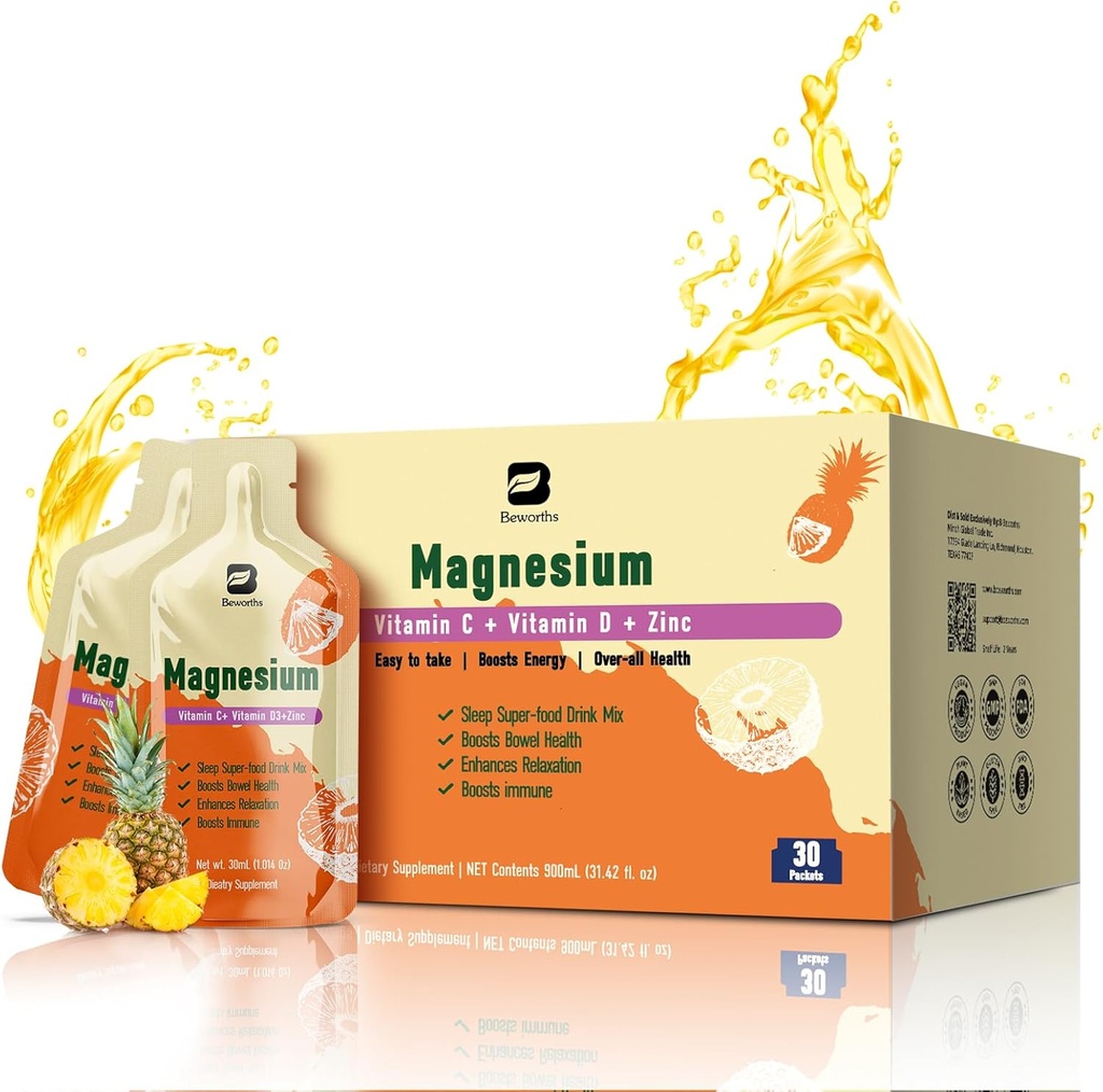 Magnesio Citrato Liquido Supplemento 280Mg con Bromelain, Vitamina C, D3, B6, Zinco, Citrato di Magnesio ad alto assorbimento Bevanda per costipazione, Zzz & Energy