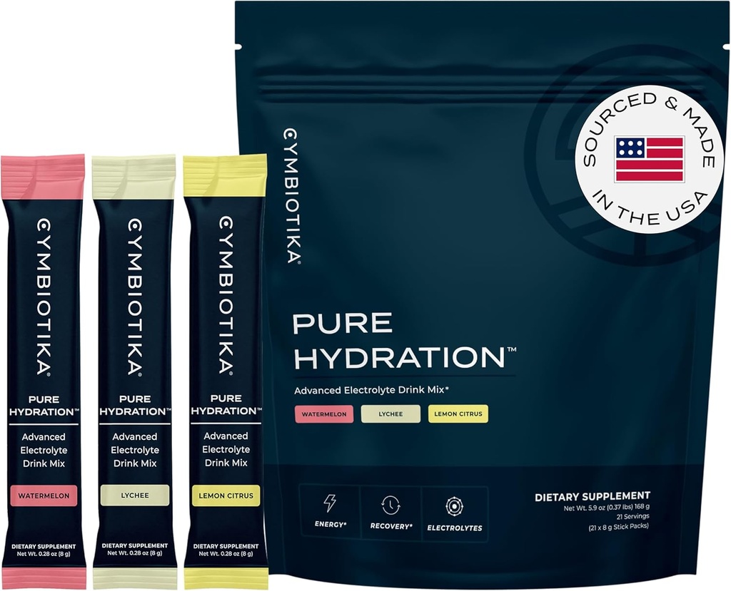 CYMBIOTIKA Pure Hydration Electrolytes Powder Drink Mix with Vitamin C & Magnesium, Keto Friendly Electrolyte Hydration Packets, Variety Pack, Lemon, Lychee & Watermelon, 7 Ciascun, 21 Stick Packets