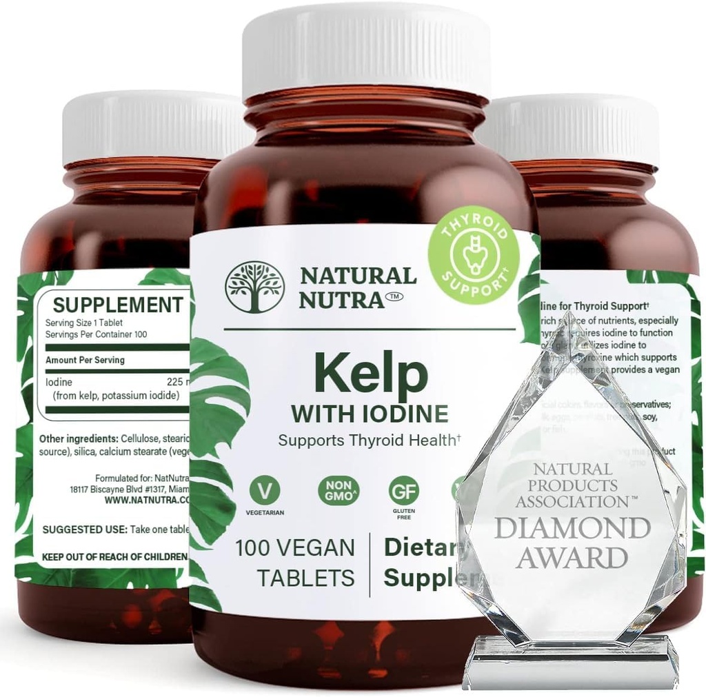 Integratore naturale di supporto della tiroide di Nutra Kelp Iodine, rafforza il sistema immunitario e regola il metabolismo, il kelp del mare vegano, non OGM, l'estratto di alghe marine a fonte atlantica, 225 mcg, 100 compresse