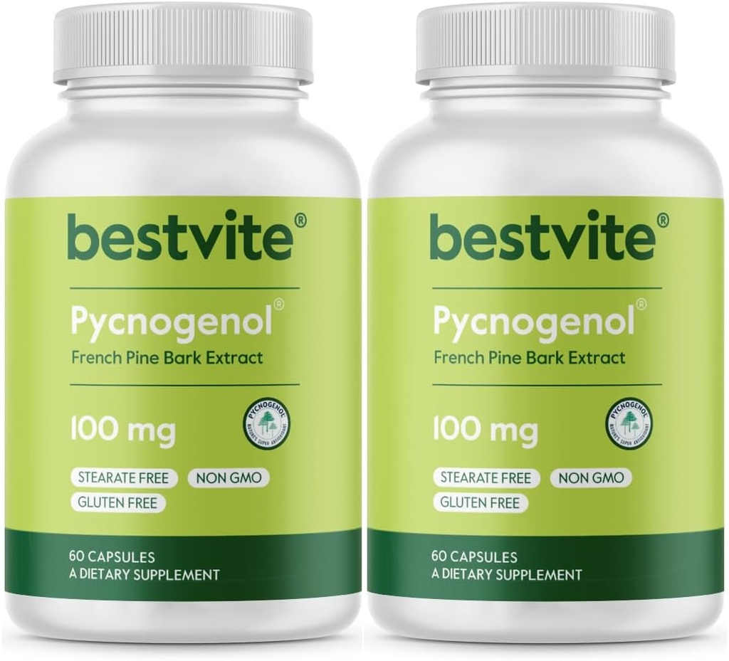 BESTVITE Pycnogenol 100mg (120 capsule) (60x2) - Estratto di corteccia di pino marittimo francese - No Stearates - Gluten Free - Non OGM