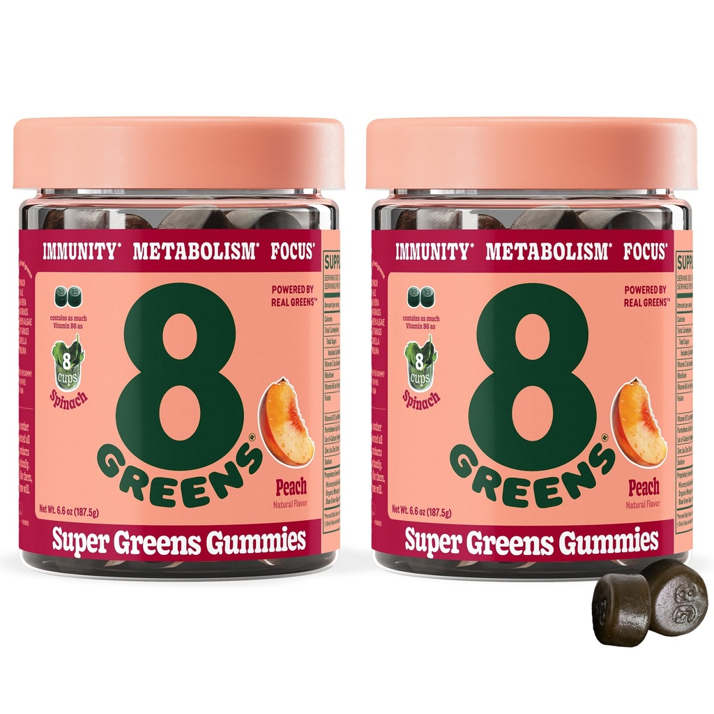 8Greens Supergreens Gummies | Super Greens Polvere Superfood Gummy per Metabolismo, Immunity & Focus, Digestive Health Enzymes, Organic: Chlorella, Spirulina, Aloe Vera, Peach Flavor, 100 Count
