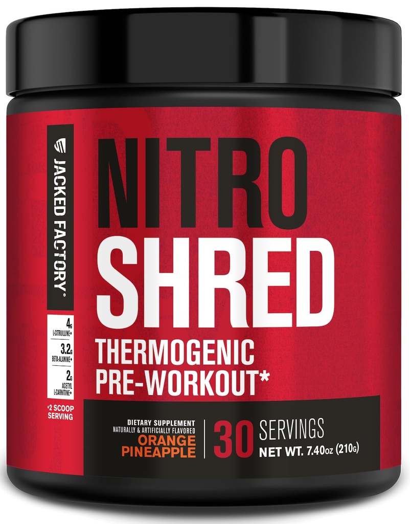 Jacked Factory NITROSURGE Shred Pre Workout Supplement - Energy Booster, Gains istantanea di resistenza, messa a fuoco affilato, pompe potenti - Nitric Oxide Booster & PreWorkout Powder - 30Sv, ananas arancione