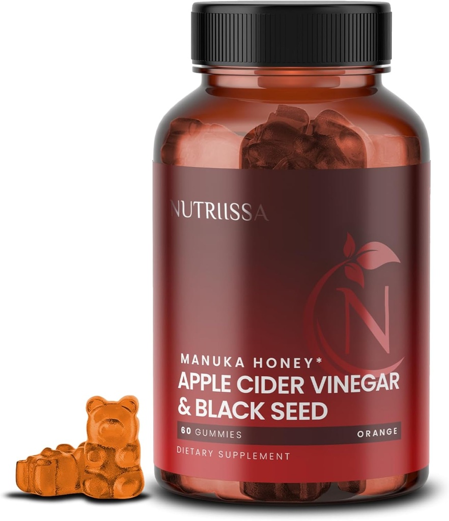Nutriissa - Aceto di sidro di mele + Olio di semi neri + Bacca di sambuco + Gummie di miele di manuka – Nigella Sativa di seme pregiato a freddo – EPEB certificata per purezza e potenza – 60 Gummie aromatizzate arancio