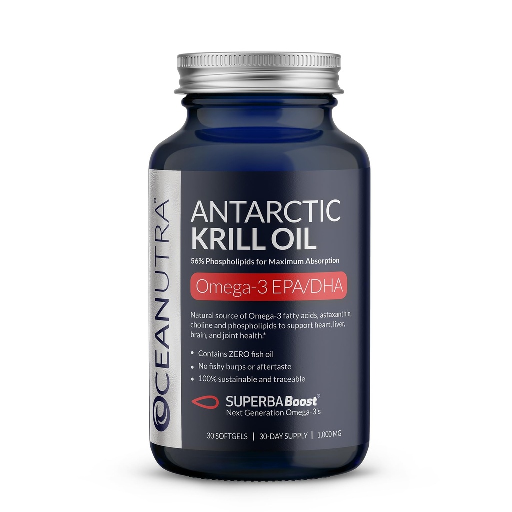 100% Pure Krill Oil 1000mg, Omega 3, Alta Concentrazione 56% Phospholipids, Choline & Astaxanthin, Sostenibile Antartico SuperbaBoost, DHA, EPA, Cuore, Cervello, Occhi e Cura della pelle, No Fish Oil