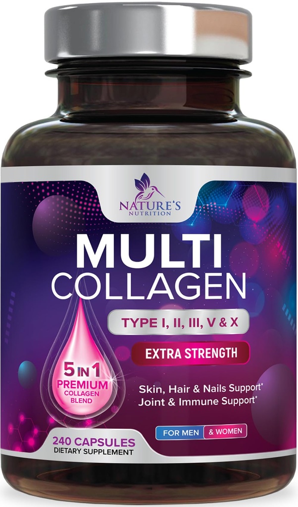 Supplemento Multi Collagen 2400 mg - Tipi I, II, III, V & X Pillole Multi Collagen Peptides per donne & uomini, Integratori di collagene idrolizzati, Capelli, Pelle, Unghie e Integratore di Supporto Giunto - 240 capsule