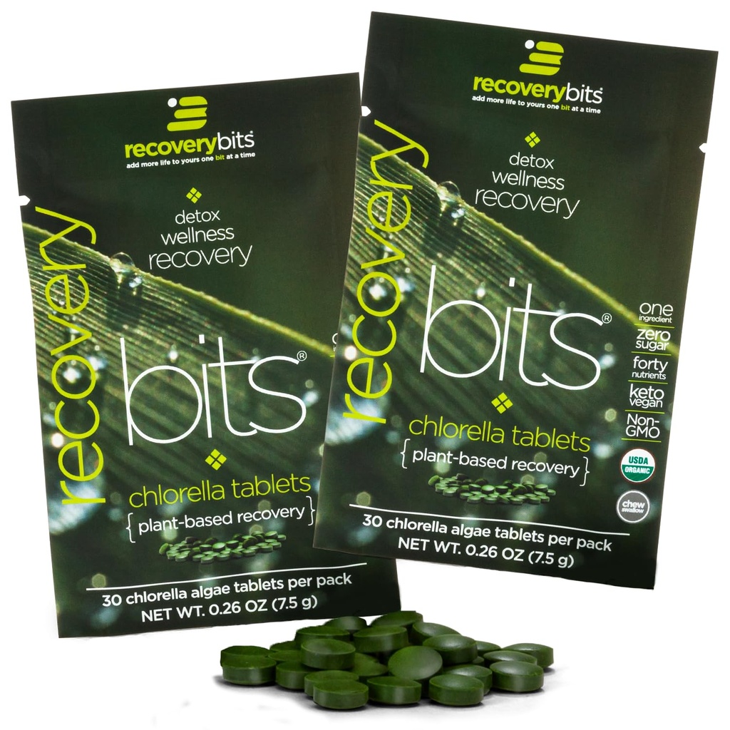RECOVERYbits Organic Chlorella Algae Tablets, Superfood, Pure Green Algae, High Protein and Fiber, Chlorophyll, Cracked Cell Wall Non-Irradiated, for Immune Boosting and Detox, Non-GMO, 60 compresse