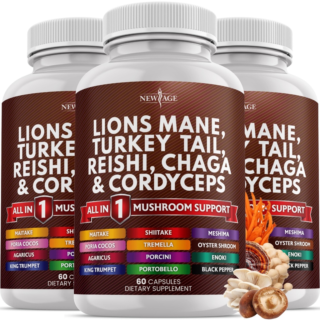 NUOVO AGE Lions Mane Mushroom Supplemento con Tail Reishi Cordyceps Chaga con Marshmallow Root 180 Count