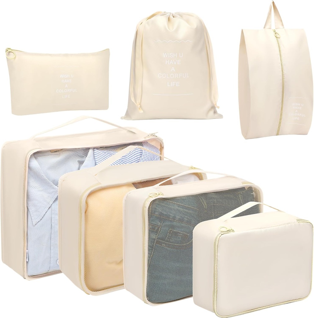 Toplive 7 Set Cubi da imballaggio per viaggio, Borse da viaggio per accessori da viaggio, Cubi da imballaggio per compressione, Beige