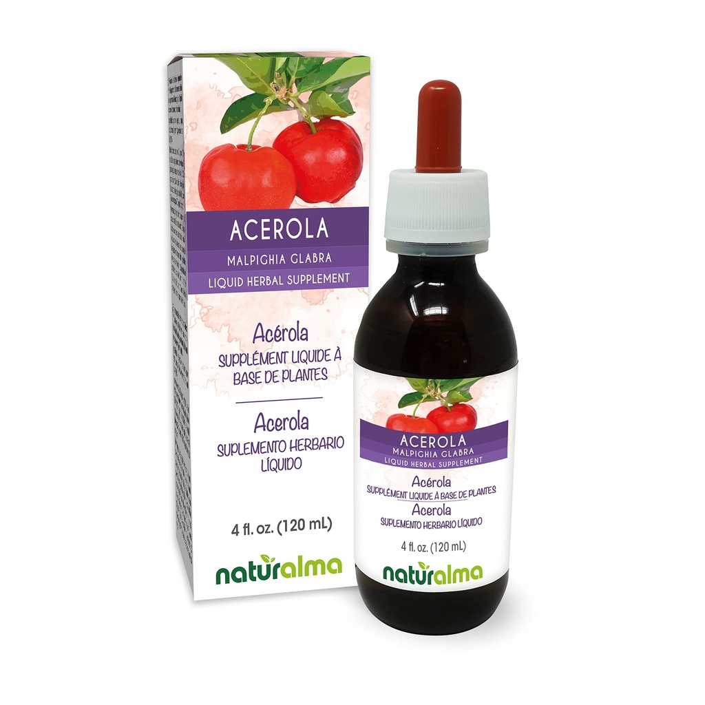 Naturalma Acerola (Malpighia glabra) Tintura senza alcool di frutta - Ricco in vitamina C - 4 fl oz Estratto liquido in gocce - Supplemento di erbe - Vegan
