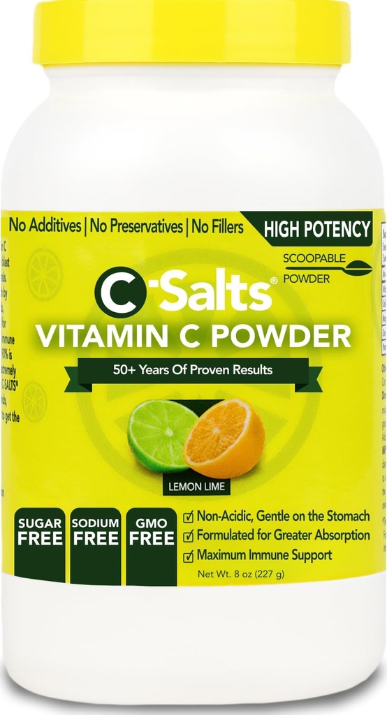 C-Salts Vitamin C Powder Supplement - 100% Pure High Dose Buffered Vitamin C Polvere per il supporto immunitario - Organic, Sugar-Free, Vegan, Non OGM, Stomach-Friendly, Lime Lime 8oz