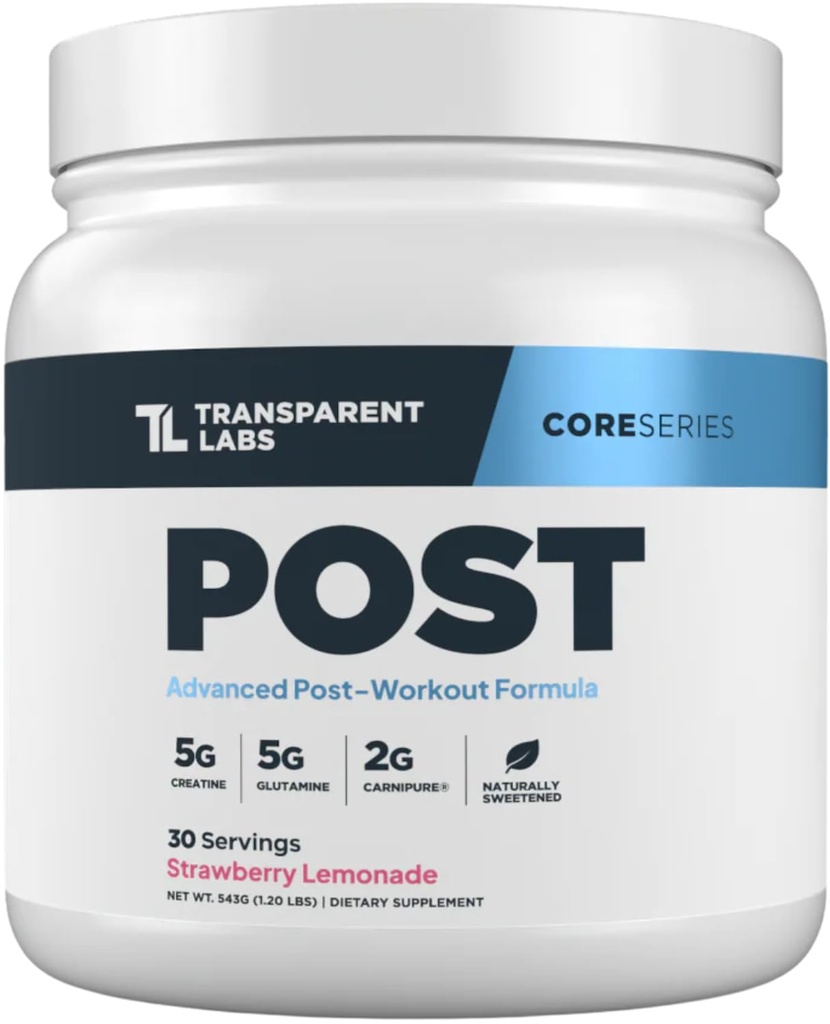 Trasparente Labs Post - Post-Workout Recovery Muscle Builder con L-Glutamina, Beta-Alanina e BetaPure Betaine Anhydrous per il recupero del muscolo e la costruzione del muscolo - 30 Serve, Strawberry Lemonade