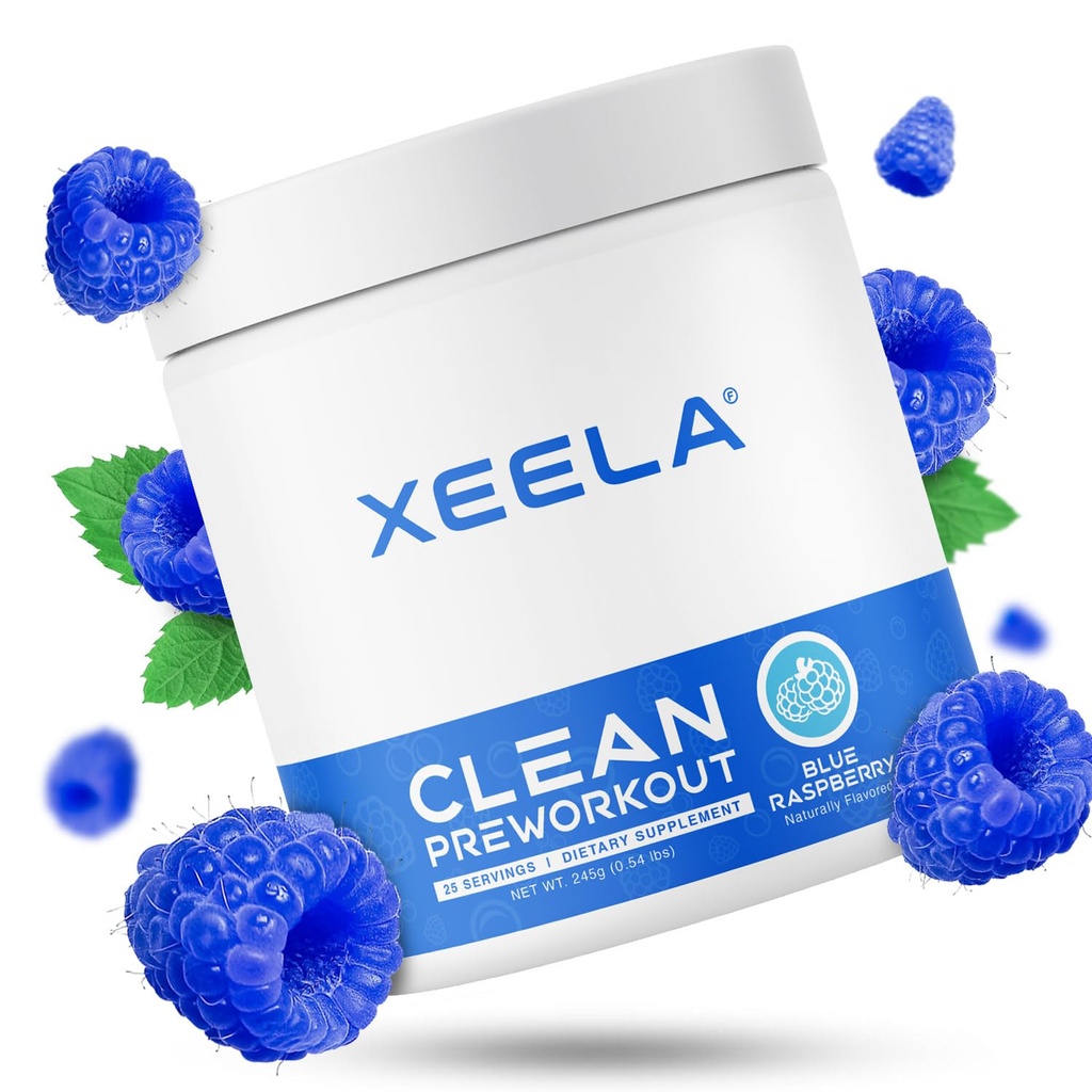 XEELA Pre polvere di allenamento - pulito e testato - Jitter libero, sicuro e naturale - Aumentare l'energia termogenica, messa a fuoco, e la resistenza w/Creatina, caffeina organica e citrullina basata sulle piante (Blue Raspberry)