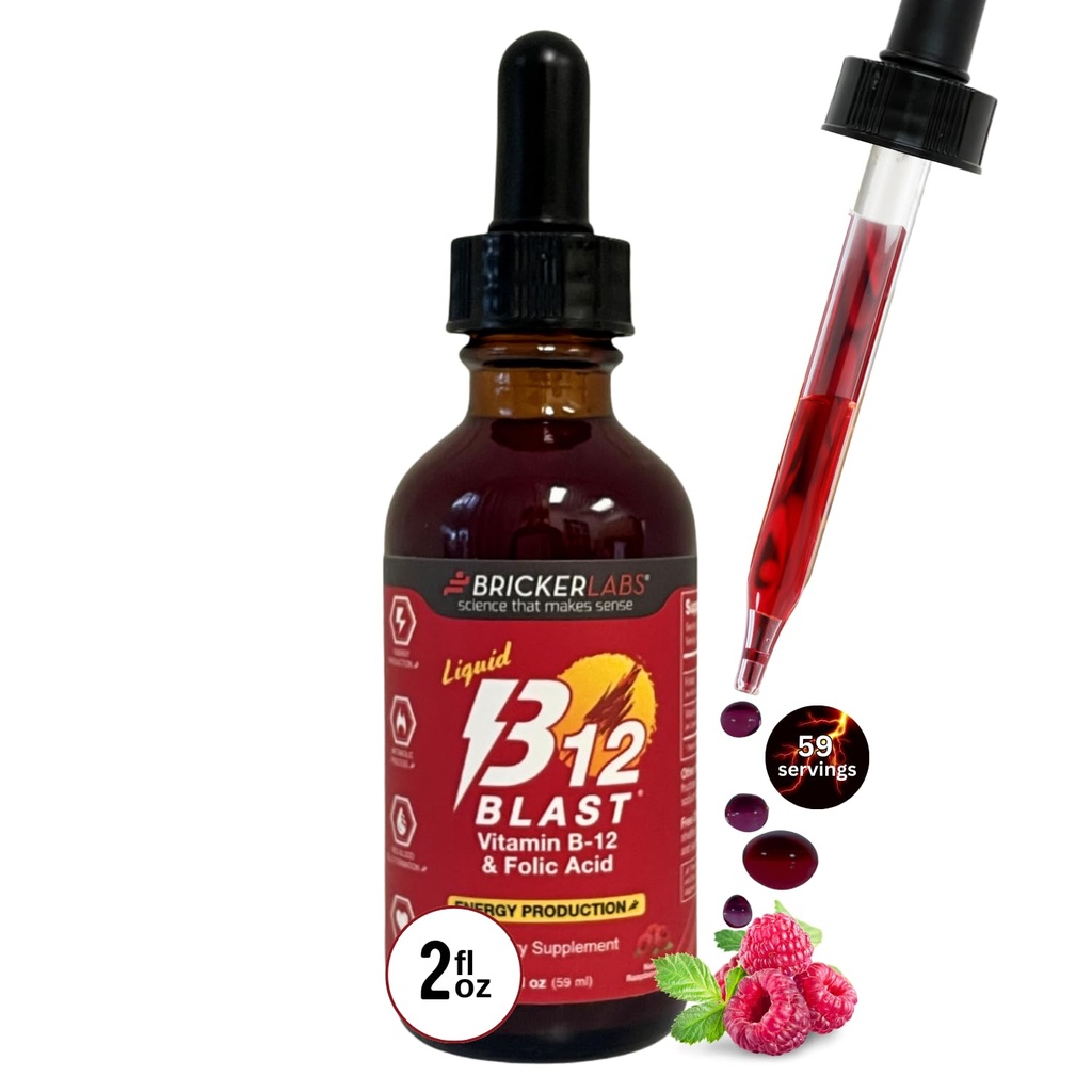 Bricker Labs B-12 Blast Liquid Vitamina B12 e Folic Acid Supplemento, Support Energy Production, Great Tasting Liquid Vitamin B12 Integratore alimentare in Natural Raspberry Flavor, 2 fl oz Bottiglia