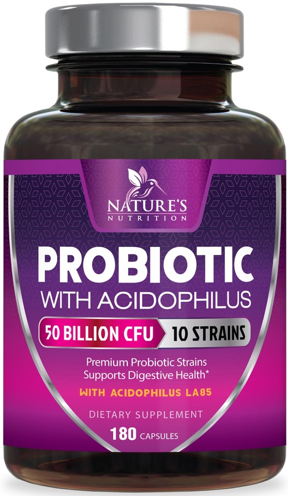Probiotici 60 miliardi di CFU per Serving - 10 Strains + Prebiotici - Salute Digestiva, Gut & Supporto Immune - Supporta costipazione occasionale, Gas & Bloating per donne & uomini Scaffalatura - 180 capsule