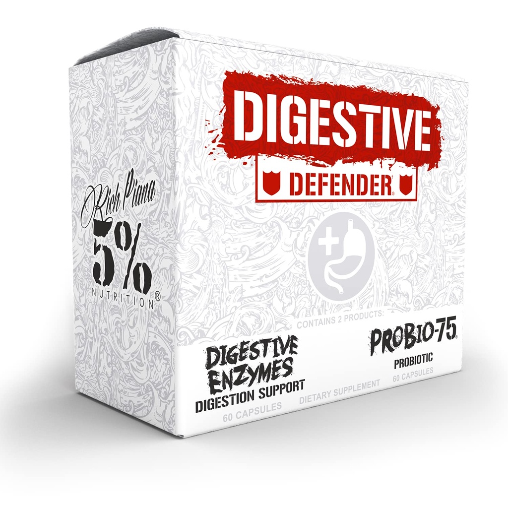 5% Nutrition Rich Piana Digestive Defender | Probio-75 & Digestive Enzymes Digestione Supplemento | Premium Quality Enzymes with Probiotics and Prebiotic Fiber | 120 Gelatin Capsules (30 Svgs)