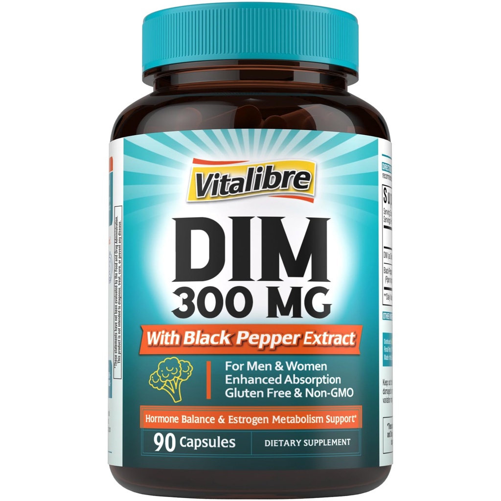 Supplemento DIM per le donne e gli uomini, Metabolismo estrogeno, bilanciamento dell'ormone e supporto di menopausa, DIM 300 mg con estratto di pepe nero, alto assorbimento, 90 capsule